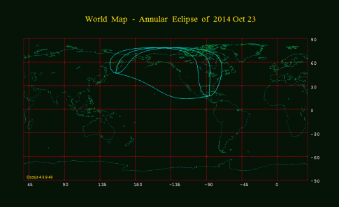 Sichtbarkeitsgebiet der partiellen Sonnenfinsternis vom 23. Oktober 2014
