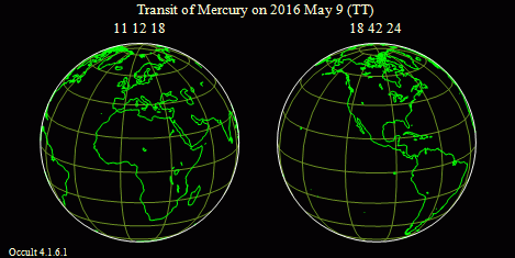 Sichtbarkeitsgebiet des Merkurtranist am 9. Mai 2016